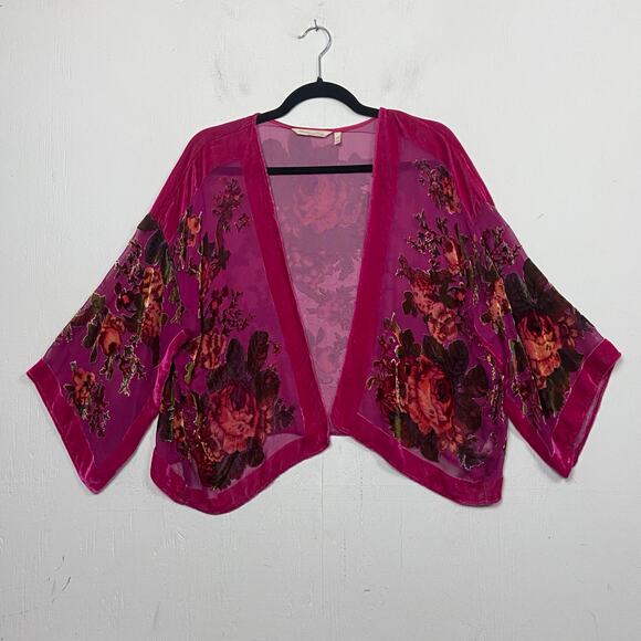 Soft Surroundings Angelou Silk Pink Floral Velvet Burnout Topper Kimono Size S/M - Picture 2 of 12